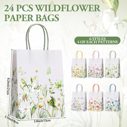 Gaillty 24 Pcs Wildflower Paper Gift Bags 6 Styles, Floral Goodie Bags with Handles Flower Wedding Welcome Bag for Wedding Bridal Shower Engagement Baby Shower Birthday Spring Tea Party Supplies