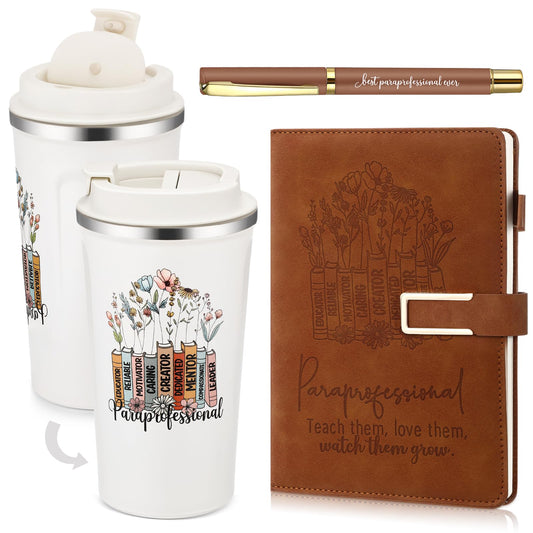 Pickmesh 3 Pcs Paraprofessional Appreciation Gifts Set Paras Gift 17 oz Coffee Tumbler A5 Leather Notebook Journal Pen for Teacher Assistant Administrative Professional Day