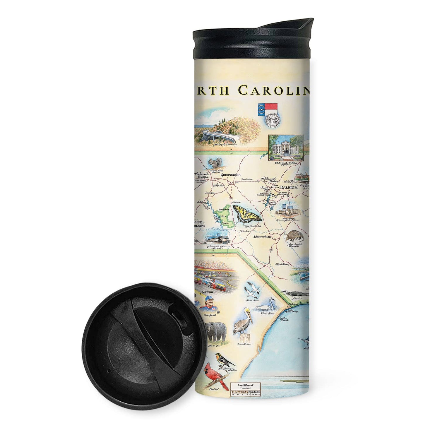 Xplorer Maps North Carolina Map 16 Oz Travel Drinkware with Spill-Resistant Lid - Stainless Steel Vacuum Insulated Coffee Tumbler