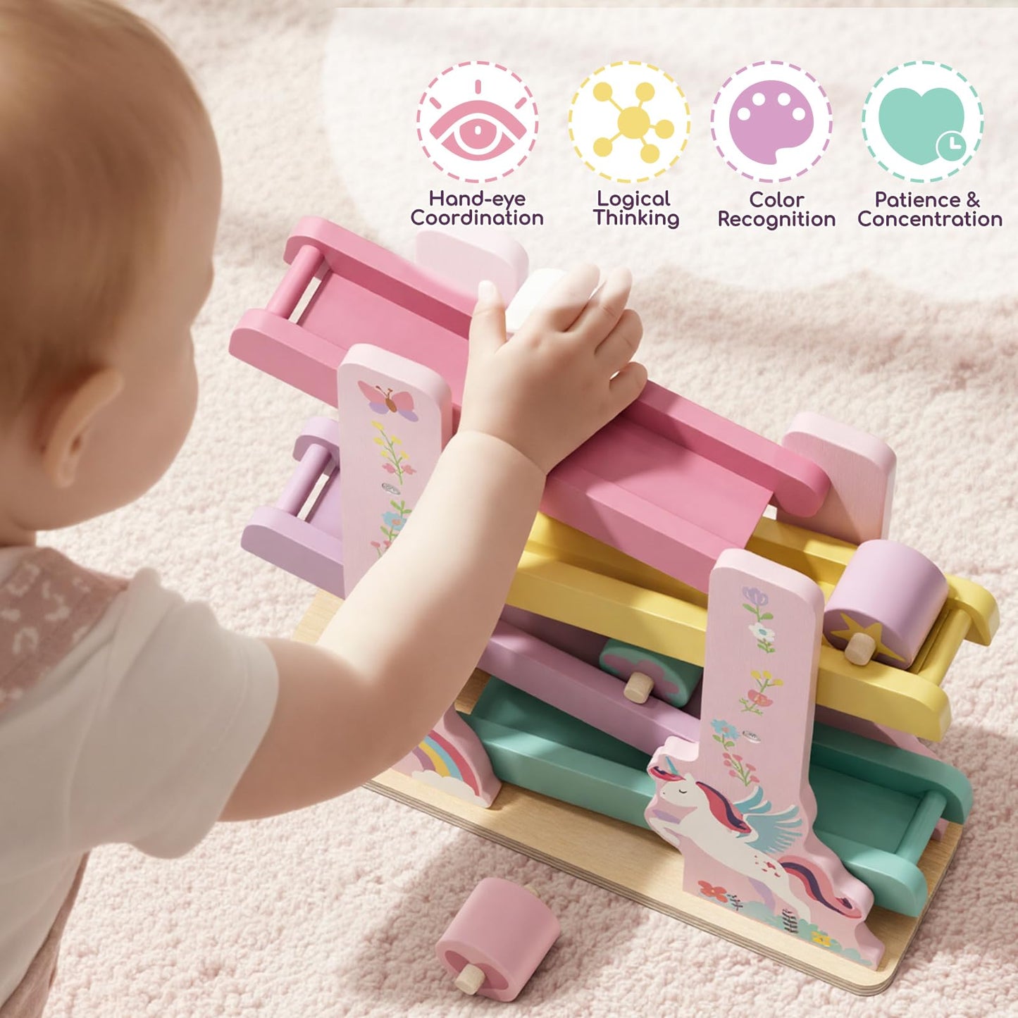 Lehoo Castle Wooden Car Ramp Toys for 1 Year Old Girl Birthday Gifts, Unicorn Montessori Toys for One Year Old, Wooden Race Track with 4 Rollers Toddler Toys for 2 Year Old Girl