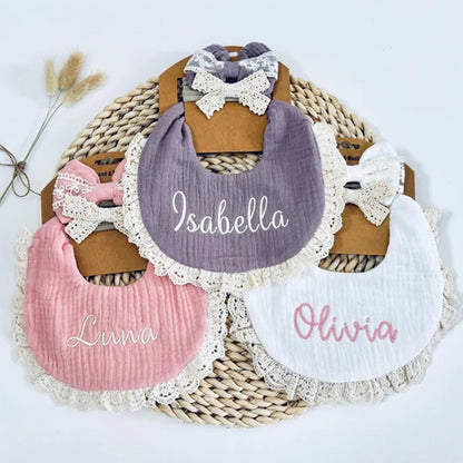 Personalized Muslin Baby Bibs Set with Name,Custom Soft Cotton Drool Bibs for Baby Girl,Teething Drooling Adjustable Bib for Newborn Toddler,Cute Bibs&Bows Gifts for Baby Shower, Birthday, Christmas