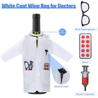 White Coat Wine Bag Doctor Wine Cover Felt Doctor Wines Insulated Cover Nurse Wines Wrapping Bag with Syringe Necklace for Ceremony Gifts Male Female Graduation Birthday Anniversary Nurse Practitioner