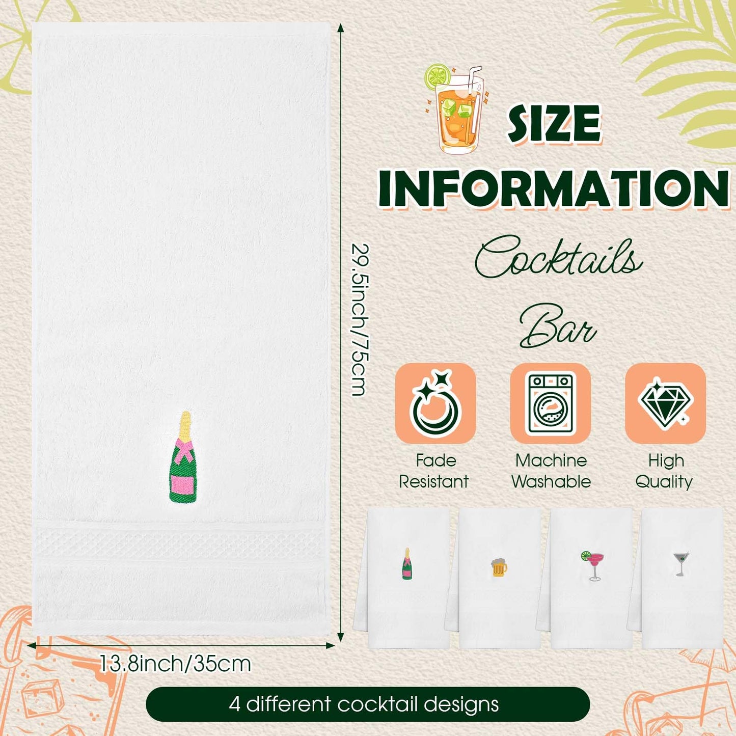 HunnmingRe 4 Pack Bar Towels with Martini Embroidery - Wine Cocktail Drink Themed Gifts Cotton 29.5'' x 13.8'' Kitchen Hand Soft Absorbent Dish Cloth Bathroom Decorative Home Bar Cart Accessories