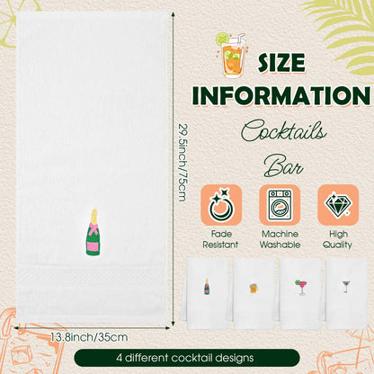 HunnmingRe 4 Pack Bar Towels with Martini Embroidery - Wine Cocktail Drink Themed Gifts Cotton 29.5'' x 13.8'' Kitchen Hand Soft Absorbent Dish Cloth Bathroom Decorative Home Bar Cart Accessories