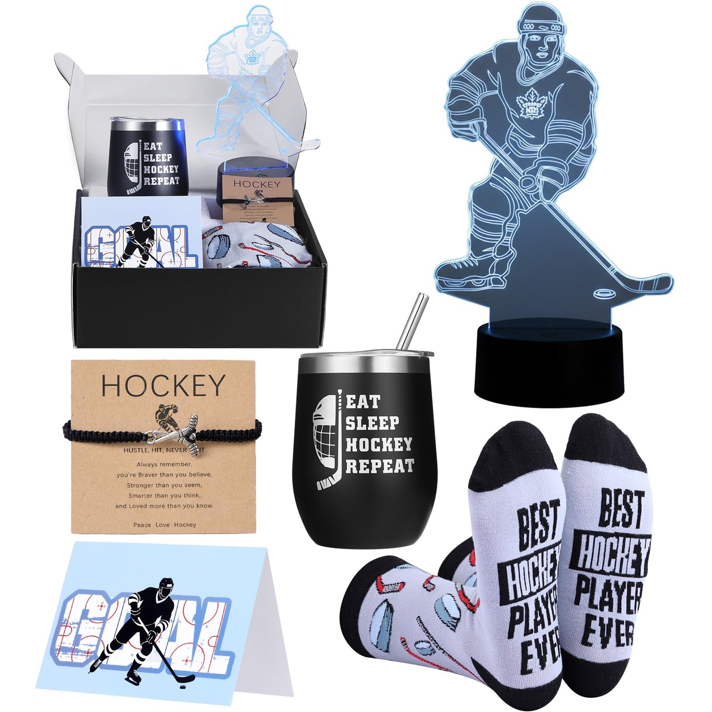 Patelai 6 Pcs Hockey Gifts Set for Men, Includes 12 oz Insulated Tumbler, 3D Night Light, Novelty Socks, Bracelet with Gift Card, Sports Birthday Senior Night Gifts for Hockey Players Fans Coach