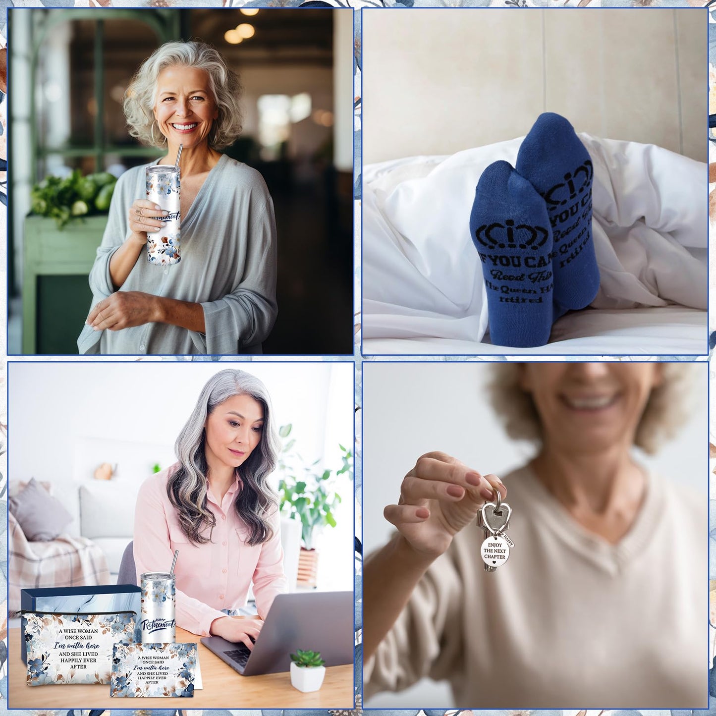 Bokon 9 Pcs Blue Brown Retirement Gifts for Women Teacher End of School Year Retired Gifts Set for Teachers Cna Nurse Coworker with 20oz Tumbler Candle Socks & Keychain Relaxation Gift Box