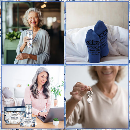 Bokon 9 Pcs Blue Brown Retirement Gifts for Women Teacher End of School Year Retired Gifts Set for Teachers Cna Nurse Coworker with 20oz Tumbler Candle Socks & Keychain Relaxation Gift Box