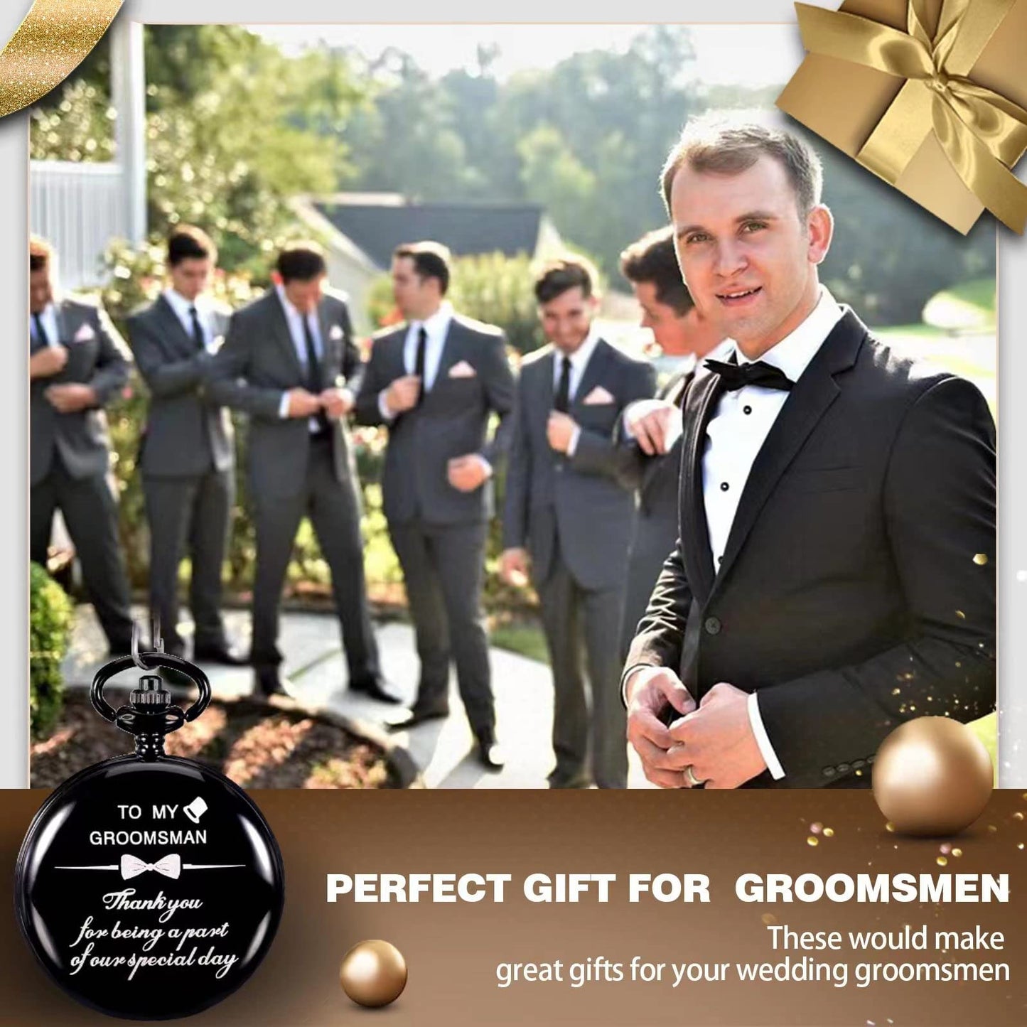 4 Pcs Groomsman Gifts for Wedding Groomsmen Engraved Pocket Watch Best Man Proposal Gifts Roman Numerals Quartz Pocket Watch Wedding Gifts with Chain for Groomsman Best Man