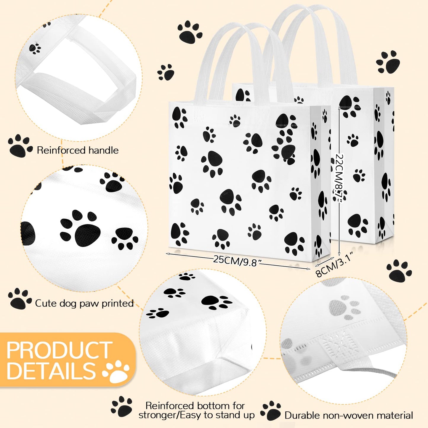 Frienda 20 Pieces Dog Gift Bags Non Woven Paw Print with Handle Pet Party Favor Paw Goodie Reusable Candy Bag for Birthday Party
