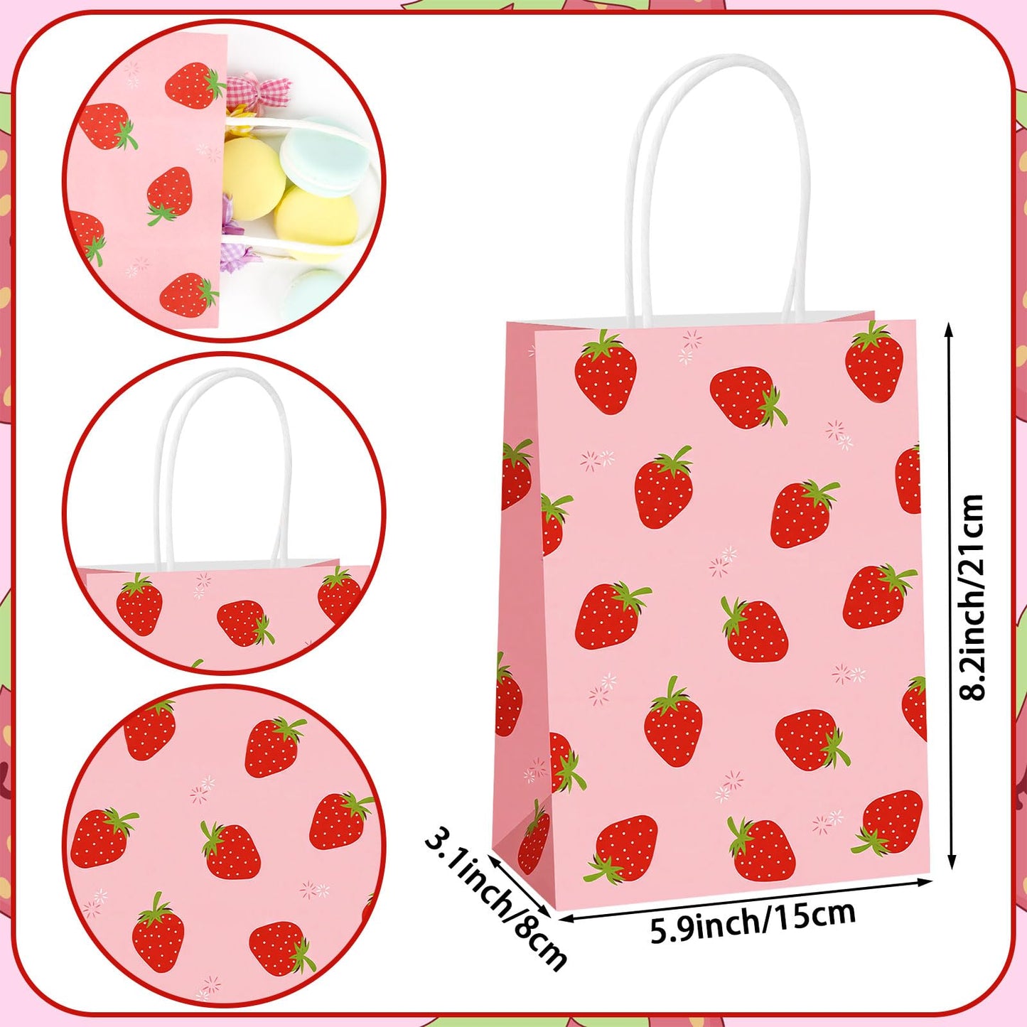 Hxezoc 12 Pieces Strawberry Gift Bags with Handle, Paper Treat Candy Bag Strawberry Party Favor Bags for Strawberry Theme Sweet Birthday Party Decoration Supplies