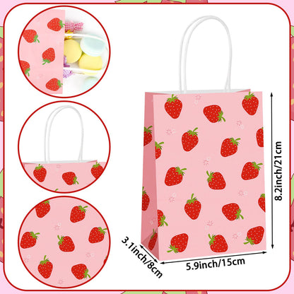 Hxezoc 12 Pieces Strawberry Gift Bags with Handle, Paper Treat Candy Bag Strawberry Party Favor Bags for Strawberry Theme Sweet Birthday Party Decoration Supplies