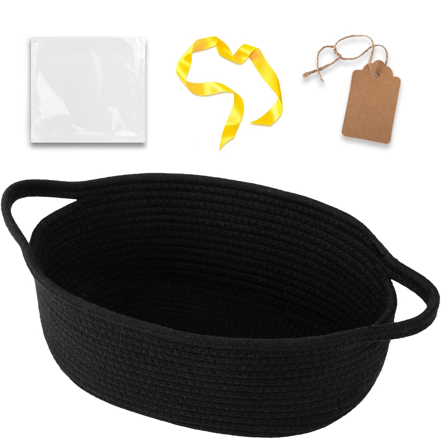 OIAHOMY Small Woven Basket with Gift Bags, Ribbons & DIY Label Card, Baskets for Gifts Empty, Small Rope Basket 12 * 8 * 5IN, Cute Decorative baskets with Handles for Baby Pets, Toys, Black