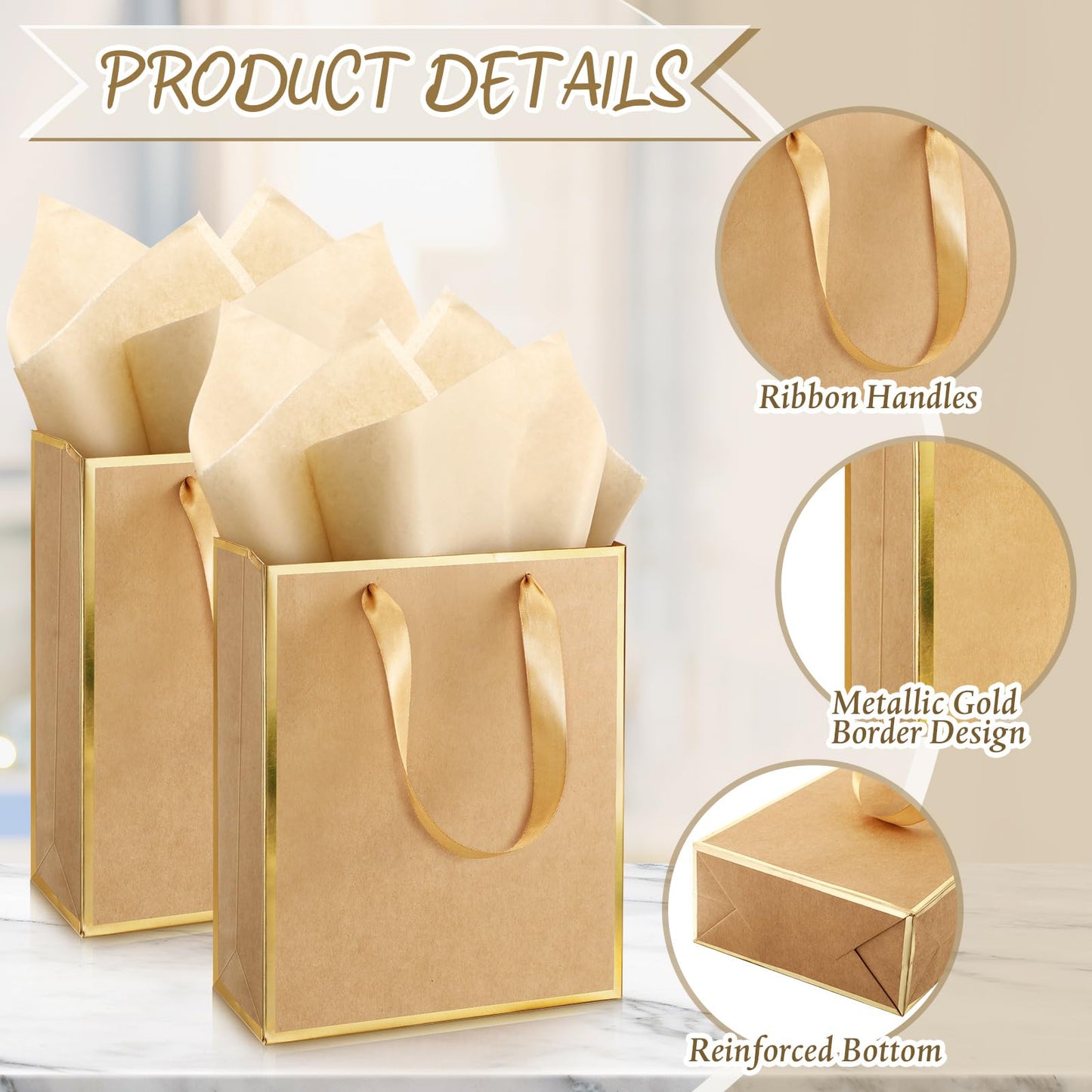Yeaqee 10 Pack Metallic Paper Gift Bags with Handle Tissue Paper Thank You 5 Senses Gift Bag for Birthday Wedding Baby Shower Groomsmen Bridal Graduation Party Favor 9 x 7 x 3.15''(Kraft,Gold)