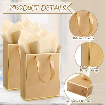 Yeaqee 10 Pack Metallic Paper Gift Bags with Handle Tissue Paper Thank You 5 Senses Gift Bag for Birthday Wedding Baby Shower Groomsmen Bridal Graduation Party Favor 9 x 7 x 3.15''(Kraft,Gold)