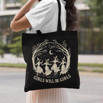 Girls Will Be Girls Witchy Canvas Tote Bag– Aesthetic Witchy Gifts for Women, Cute Spooky Reusable Travel Tote, Witch Inspired Canvas Gift, Black