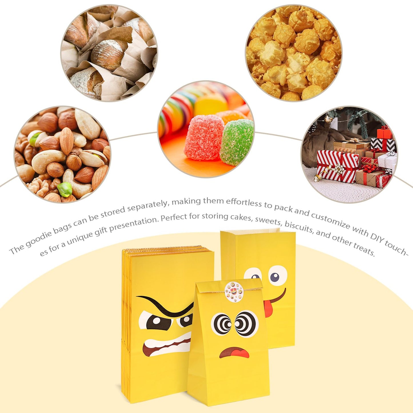 VGOODALL 24 Pack Funny Face Party Favor Bags with Stickers - 8.7"x4.7"x3.1" Yellow Expression Goodie Bags, Vibrant Cartoon Graphic for Kids Birthday, School Rewards & Gift Packaging