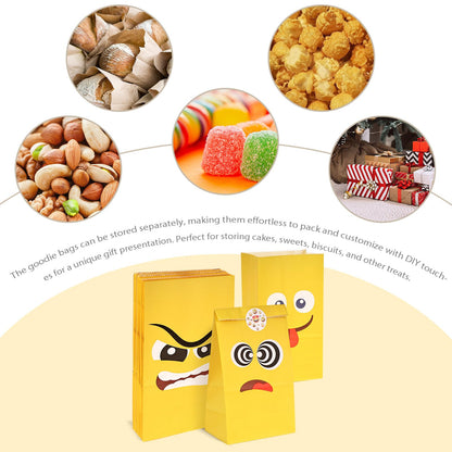 VGOODALL 24 Pack Funny Face Party Favor Bags with Stickers - 8.7"x4.7"x3.1" Yellow Expression Goodie Bags, Vibrant Cartoon Graphic for Kids Birthday, School Rewards & Gift Packaging
