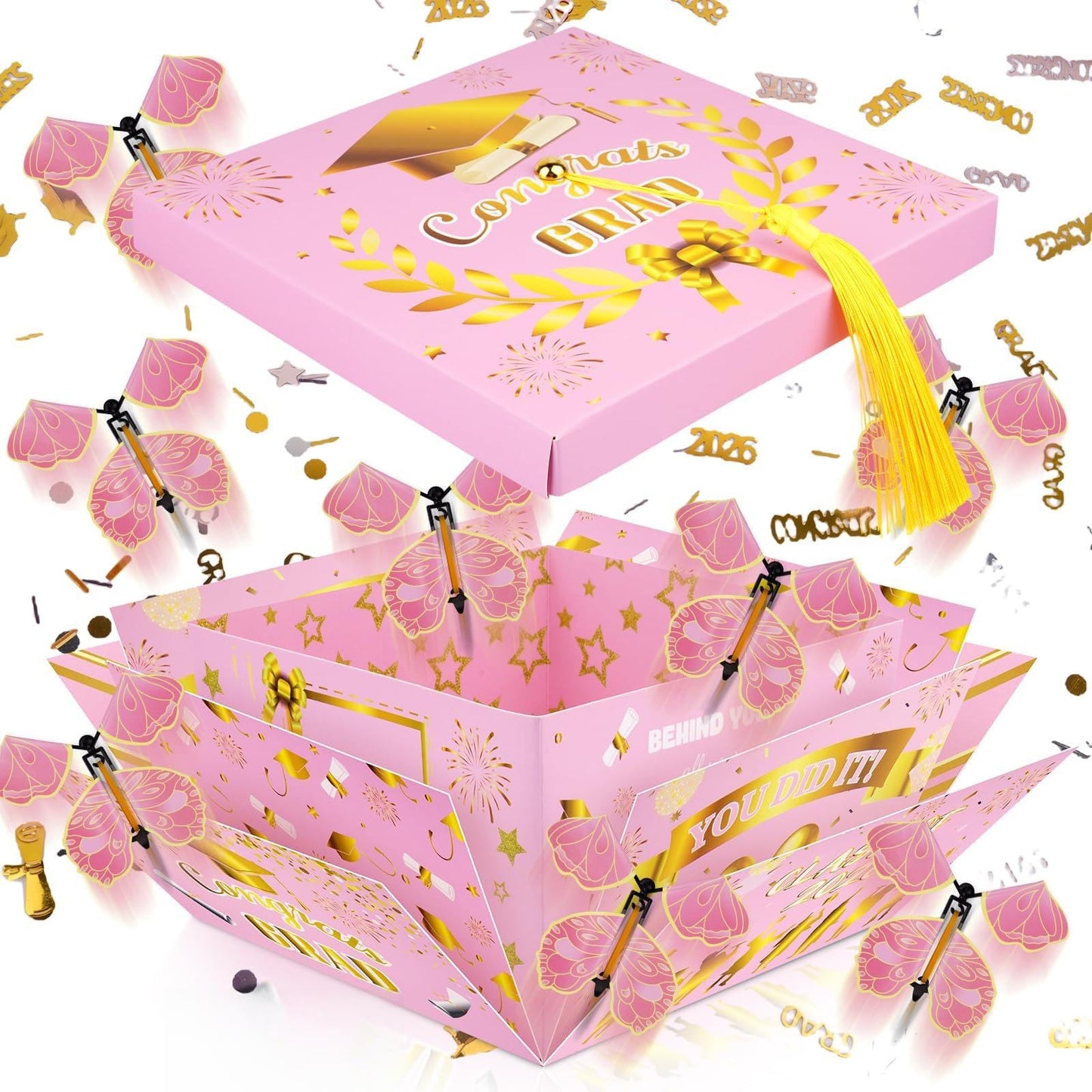 Graduation Gift Boxes 2026, Surprise Gift Box Explosion with 8 Pcs Flying Butterfly Photo DIY, Graduation Box 2026 Exploding Gift Box for High School College Graduate Party Decoration (Pink & Glod )
