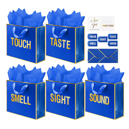 Large Gold Foil 5 Senses Gift Bags For Him Her with Labels Envelopes and Cards, Sight Smell Touch Taste Sound Gift Bags with Tissue Paper For Birthday, Anniversary, Mother'S Day, Valentine's Day 12 x 10 x 4 (Blue)