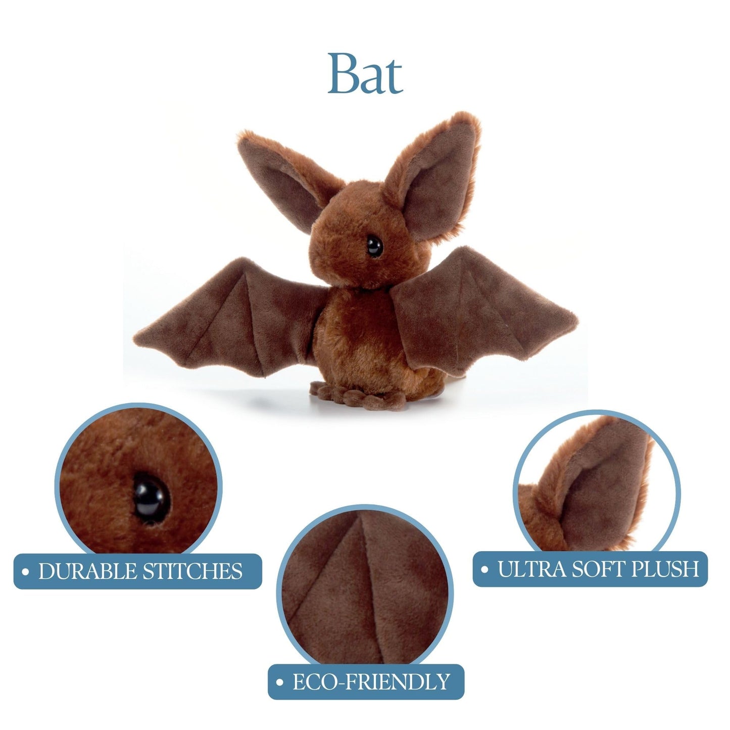 The Petting Zoo Bat Stuffed Animal Plushie, Gifts for Kids, Scoopz Wildlife Animals, Brown Bat Plush Toy 8 Inches