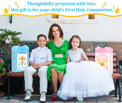 BIZIBAFF First Communion Gifts Bag for Boys Girls - 13" Baptism Gifts Bag with Tissue Paper Easter Religious Christian Gift Bag Christenings Confirmations Gifts for Baby Boys Girls