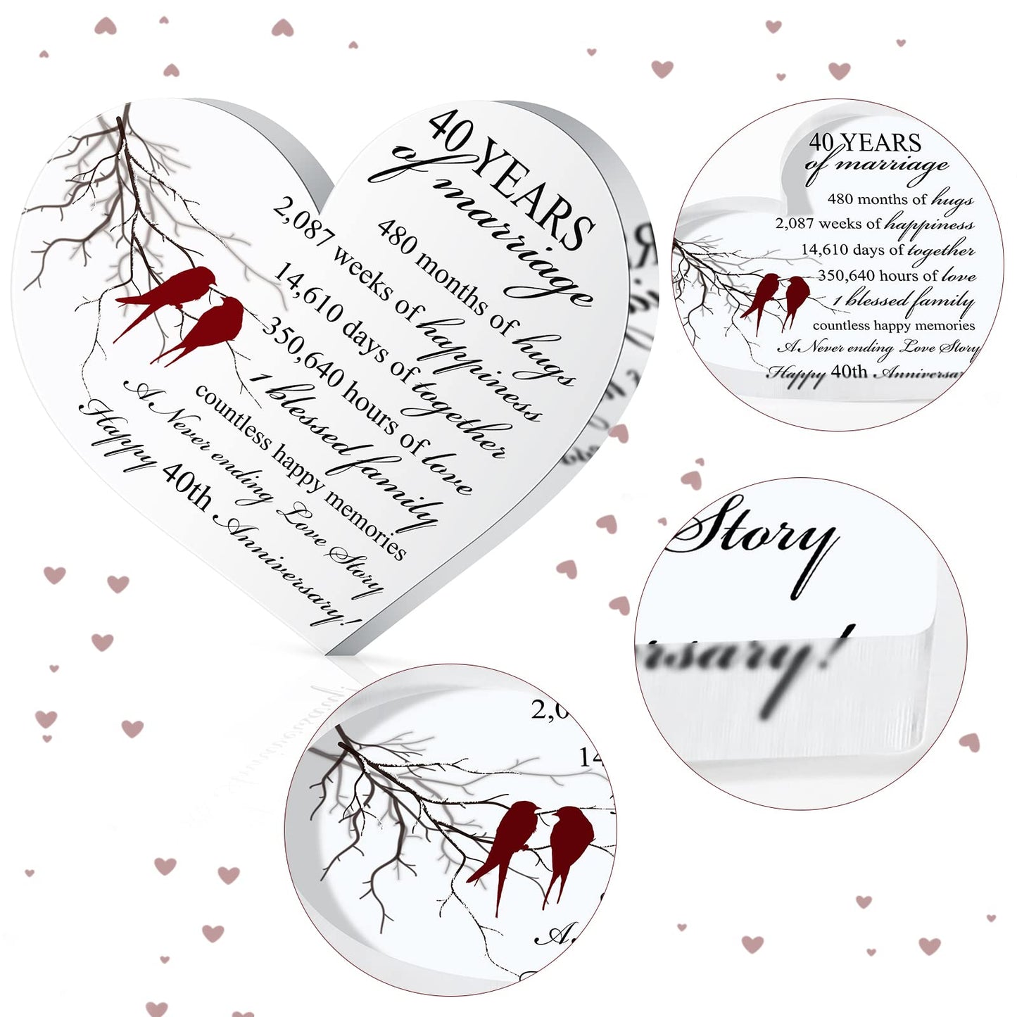 Qunclay 40th Years of Marriage Gift Wedding Anniversary Souvenir Heart Marriage Keepsake Decoration Present for Couple Parent Women Mom Husband Wife He She Friend Grandparents