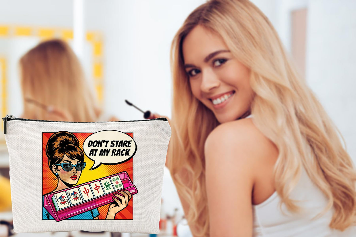 ZUYUROU Funny Mahjong Gifts for Women - Don't Stare At My Rack Makeup Bag - Retro Pop Art American Mahjong Accessories - Zipper Pouch for NMJL Card, Tiles, and Cosmetics - Unique Game Night Prize