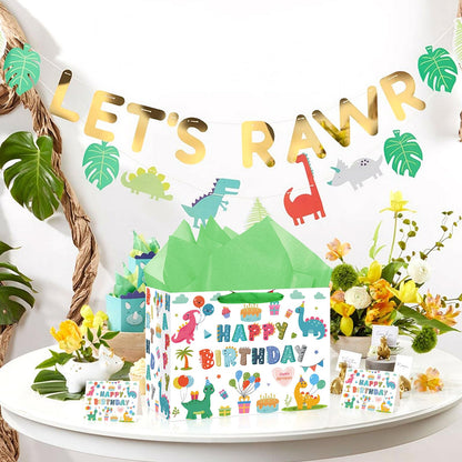 Hooqict Large Dinosaur Gift Bag Happy Birthday Gift Bag with Handles, Wrapping Tissue Paper and Greeting Cards for Kids Boys 1st 2nd 3rd Dinosaur Birthday Party Supplies Baby Showers