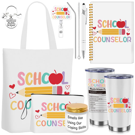 8 Pcs Graduation School Counselor Appreciation Week Gift Set Guidance Counselor Thank You Gifts Include Makeup Bag Canvas Notebook Pen Keychain Tumbler for High School Teacher Educator Office Work