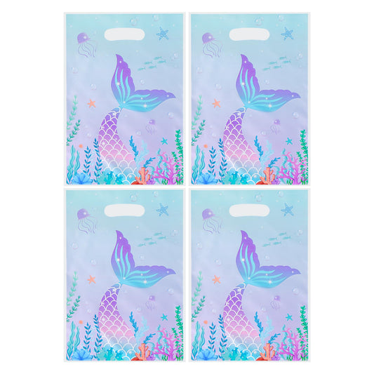 Agaommio 40PCS Mermaid Party Favor Bags Christmas Gift Bag Under the Sea Plastic Gift Bag Goodie Bags Mermaid Tail Treat Bag with Handles for Girls Kids Birthday Party Supplies 6.3"x 9.45"