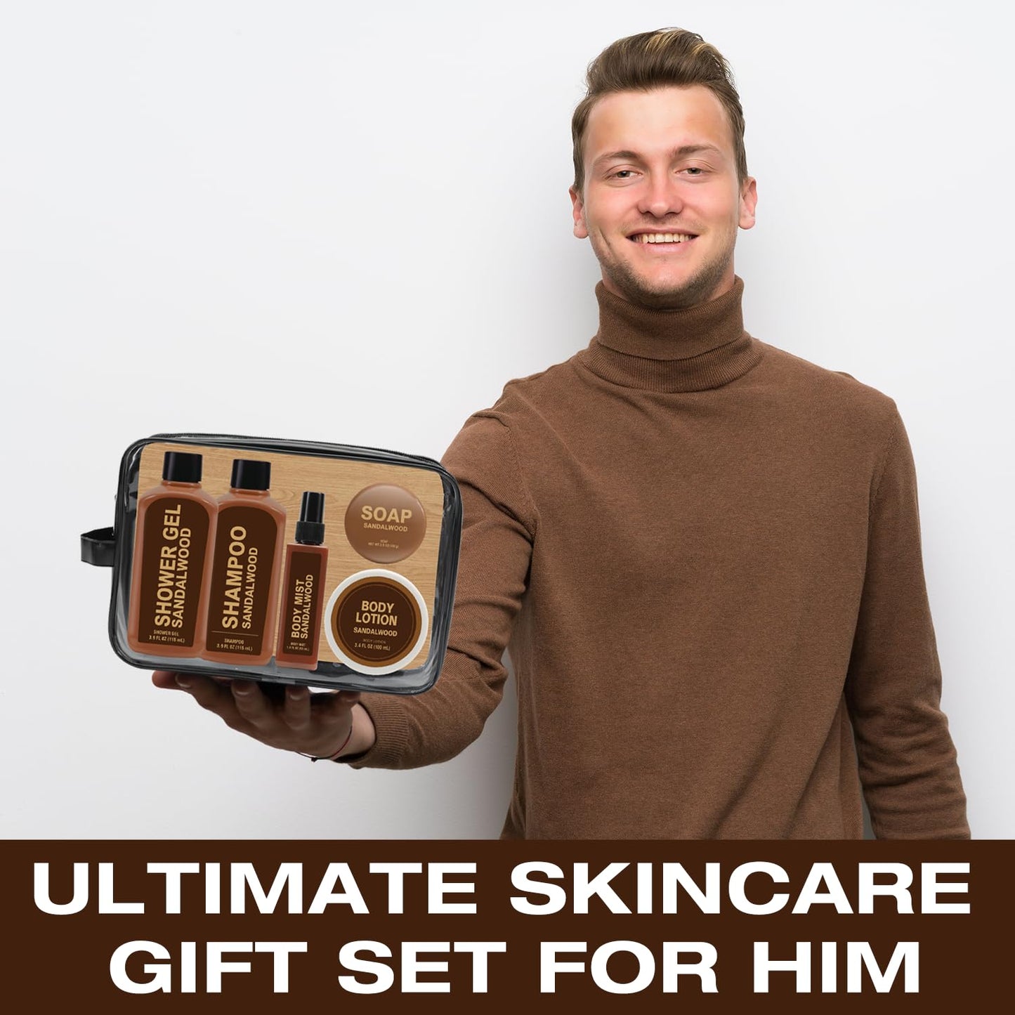 Gifts for Men 6pcs Sandalwood Gift Set Travel Size Toiletry with Shampoo, Shower Gel, Soap, Body Lotion, Mens Gifts Birthday Anniversary Gift Sets for Men, Christmas Self Care Fathers Day Gift