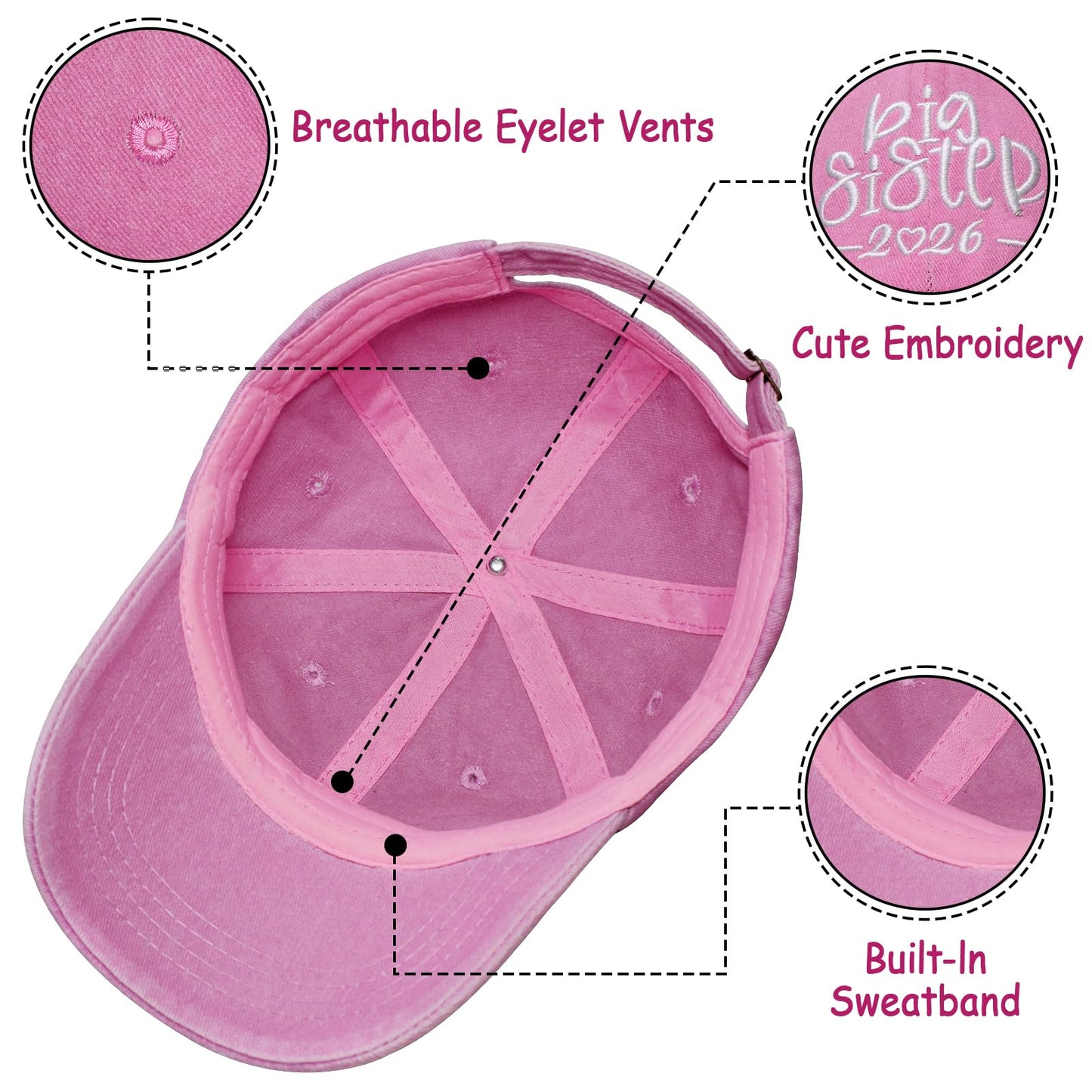 Big Sister Hats 2026 Big Sister Gifts for Girls Adjustable Embroidered Baseball Hats for Girl Washed Pink