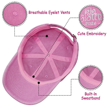 Big Sister Hats 2026 Big Sister Gifts for Girls Adjustable Embroidered Baseball Hats for Girl Washed Pink