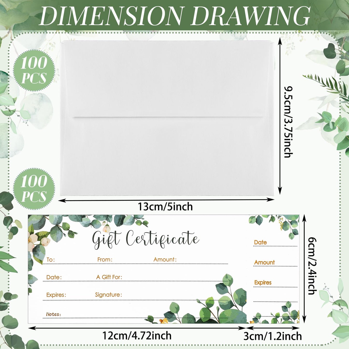 Nuanchu 100 Sets Gift Certificates for Business Christmas Blank Gift Certificate Cards Vouchers Coupon Card with 100 Envelopes for Salon Spa Restaurants Birthday, 4.7 x 2.4 in(Green,Eucalyptus)