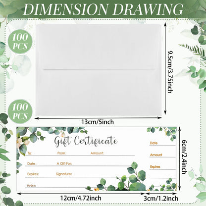 Nuanchu 100 Sets Gift Certificates for Business Christmas Blank Gift Certificate Cards Vouchers Coupon Card with 100 Envelopes for Salon Spa Restaurants Birthday, 4.7 x 2.4 in(Green,Eucalyptus)