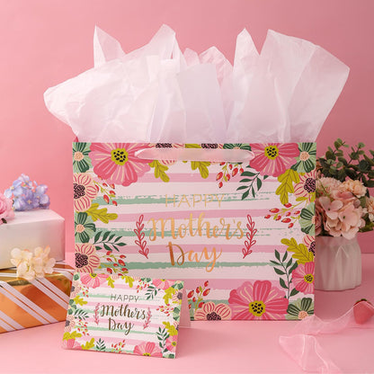 CAMKUZON Large Mother's Day Gift Bag with Card and Tissue Paper for Mom Grandma Nana Sisters - Gold Foil Happy Mother's Day & Pink Floral Design, 13" X 10" X 5"