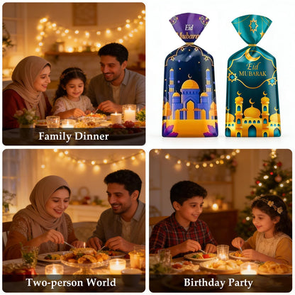 100 Pcs Eid Mubarak Cellophane Bags 4 Styles Ramadan Cello Bag Moon Star Castle Candy Bags with Twist Ties Multi-Color Treat Gift Bag for Goodies Ramadan Festival Party Favor