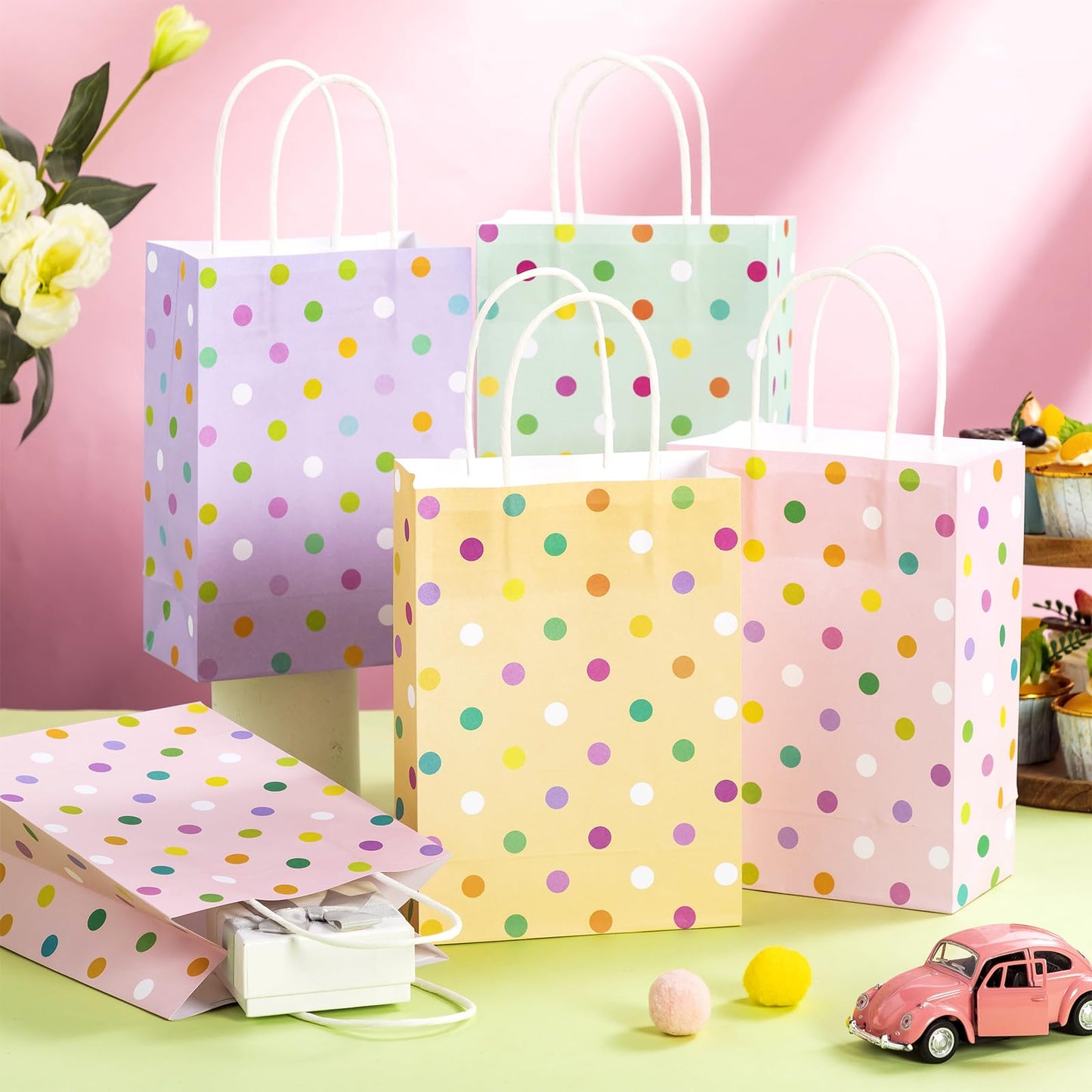 Humyoun 24 Pcs Pastel Paper Gift Bags with Handles, Pastel Dots Goodies Treat Candy Bags for Holiday Party Favor Gift Wrapping Baby Shower Wedding Birthday Party Supplies