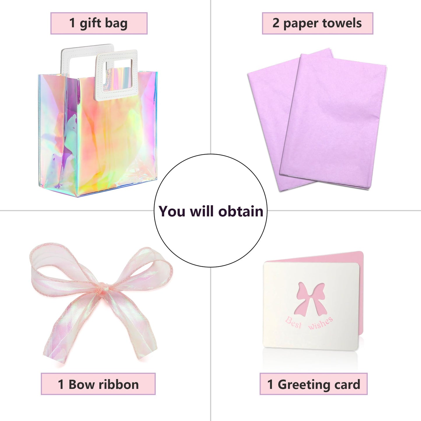 KeerxunBag 1 Pack Holographic Gift Bags with Handles & 2 Tissue Paper Sheets – Iridescent Transparent Reusable Bags for Women, Girls, Birthdays, Weddings，Purple Gift Bag