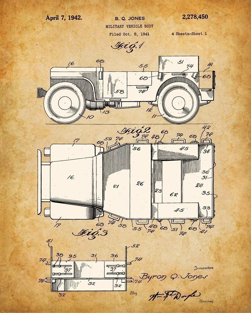 Original Jeep Patent Art Prints - Jeep Gifts for Men Set of Four Photos (8x10) Unframed - Great Man Cave Decor and Gift Under $20 for Jeep Enthusiasts