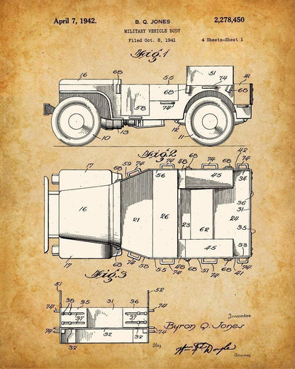 Original Jeep Patent Art Prints - Jeep Gifts for Men Set of Four Photos (8x10) Unframed - Great Man Cave Decor and Gift Under $20 for Jeep Enthusiasts