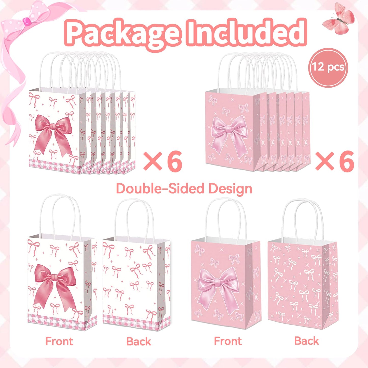 12pcs Pink Bow Gifts Bags with Handles, Small Gifts Bags Medium Size for Birthday Baby Shower Bachelorette, Pink Goodie Pouch for Candy Favors Treats Coquette Paper Pouch Party Supplies