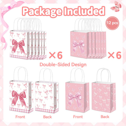 12pcs Pink Bow Gifts Bags with Handles, Small Gifts Bags Medium Size for Birthday Baby Shower Bachelorette, Pink Goodie Pouch for Candy Favors Treats Coquette Paper Pouch Party Supplies
