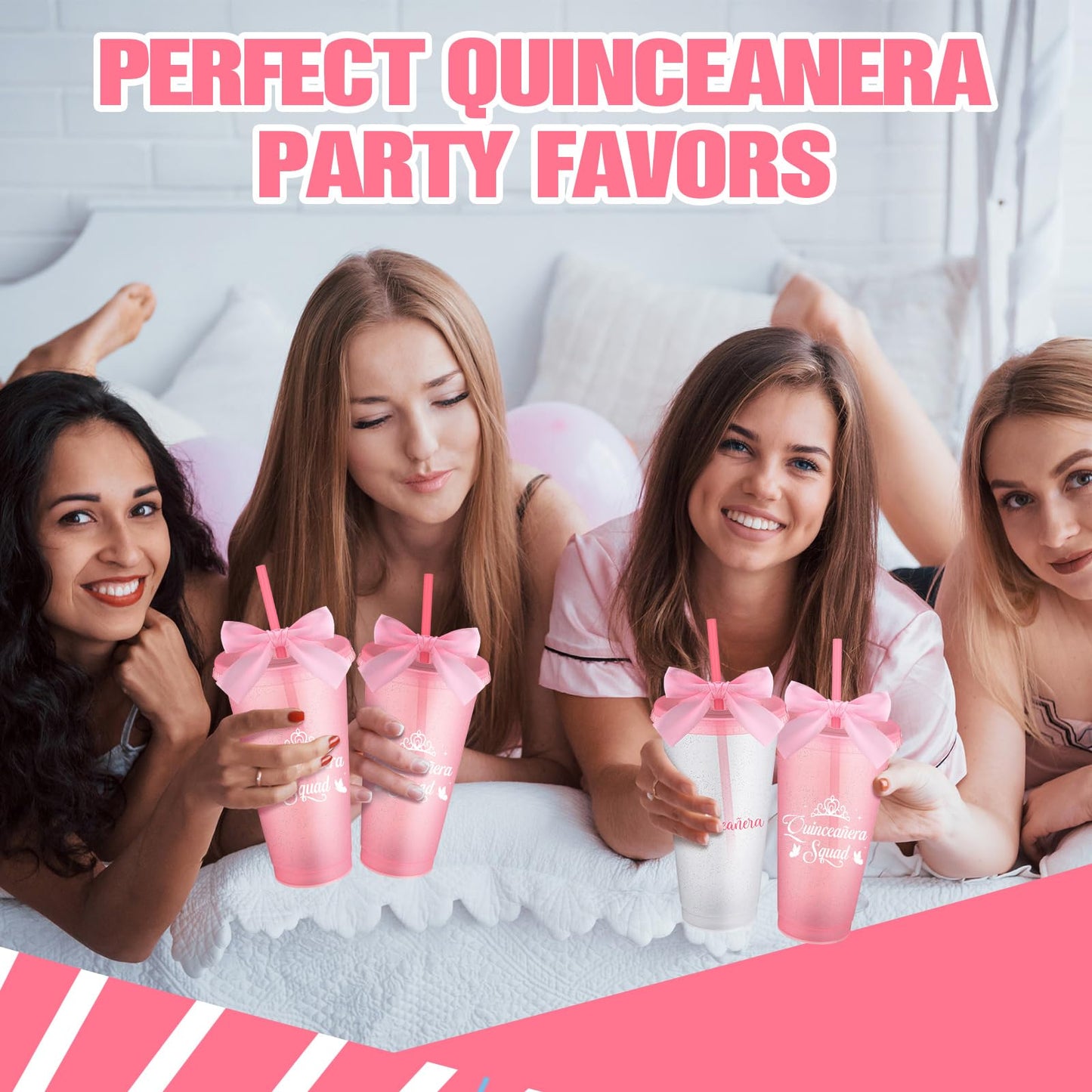 Jingmore 6 Pcs Quinceanera Party Favors for Guests 15th Quinceañera Squad Reusable Tumbler with Straw Lid Twist Bow 24 oz Spanish Gift 15 Birthday Party Thank You Gifts (Pink)