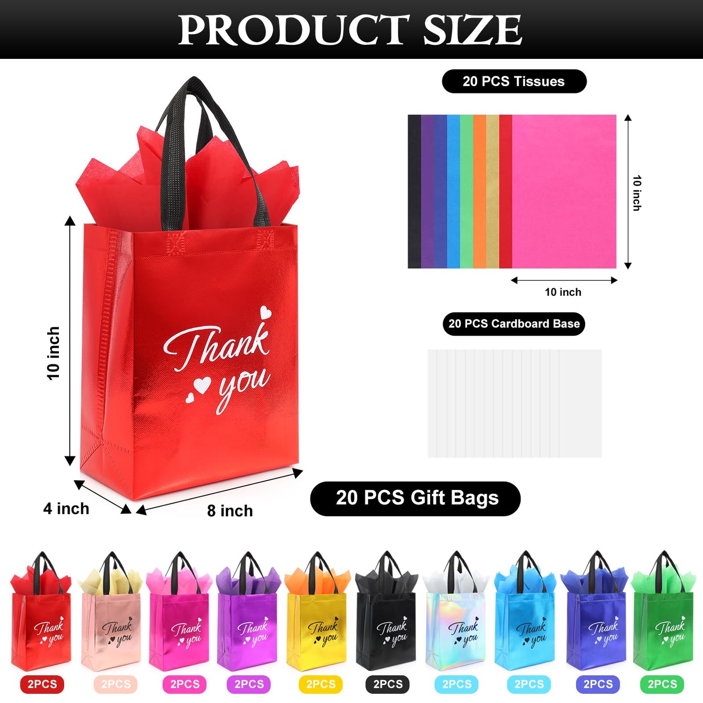 Addblu 60 Pcs Reusable Gift Bags with Handles - Includes 20 Thank You Gift Bags, 20 Tissue Papers, 20 Cardboard Bases for Employee Appreciation Gifts Bulk, Team, Staff, Teachers, Coworkers, Business (Mix Color, 20PCS)