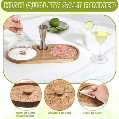 Mifoci 6 Pcs Margarita Gift Set, Acacia Wood Salt and Sugar Rimmer Tray for up to 5.1" Rims, Stainless Steel Shaker, Jigger, Measuring Glass, Citrus Squeezer, Cocktail Kit for Home Bar Accessories