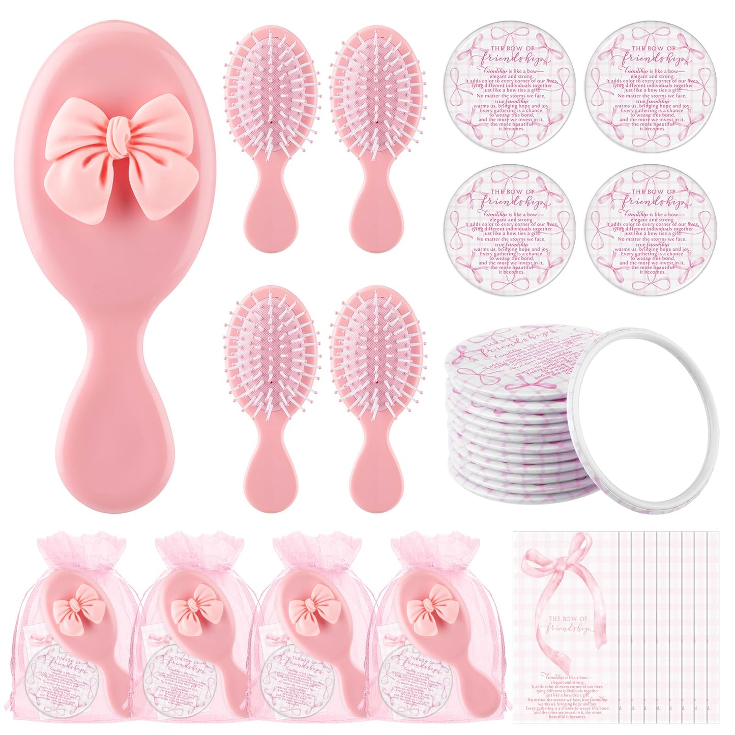 Mimorou 20 Sets Friendship Gifts Bulk Coquette Bow Hairbrushes Mirrors Cards with Bags for Galentines Party Favors Girls Trip Weekend Bachelorette Pink Friends Gifts