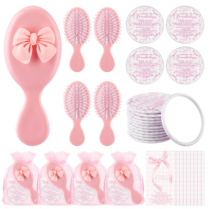 Mimorou 20 Sets Friendship Gifts Bulk Coquette Bow Hairbrushes Mirrors Cards with Bags for Galentines Party Favors Girls Trip Weekend Bachelorette Pink Friends Gifts
