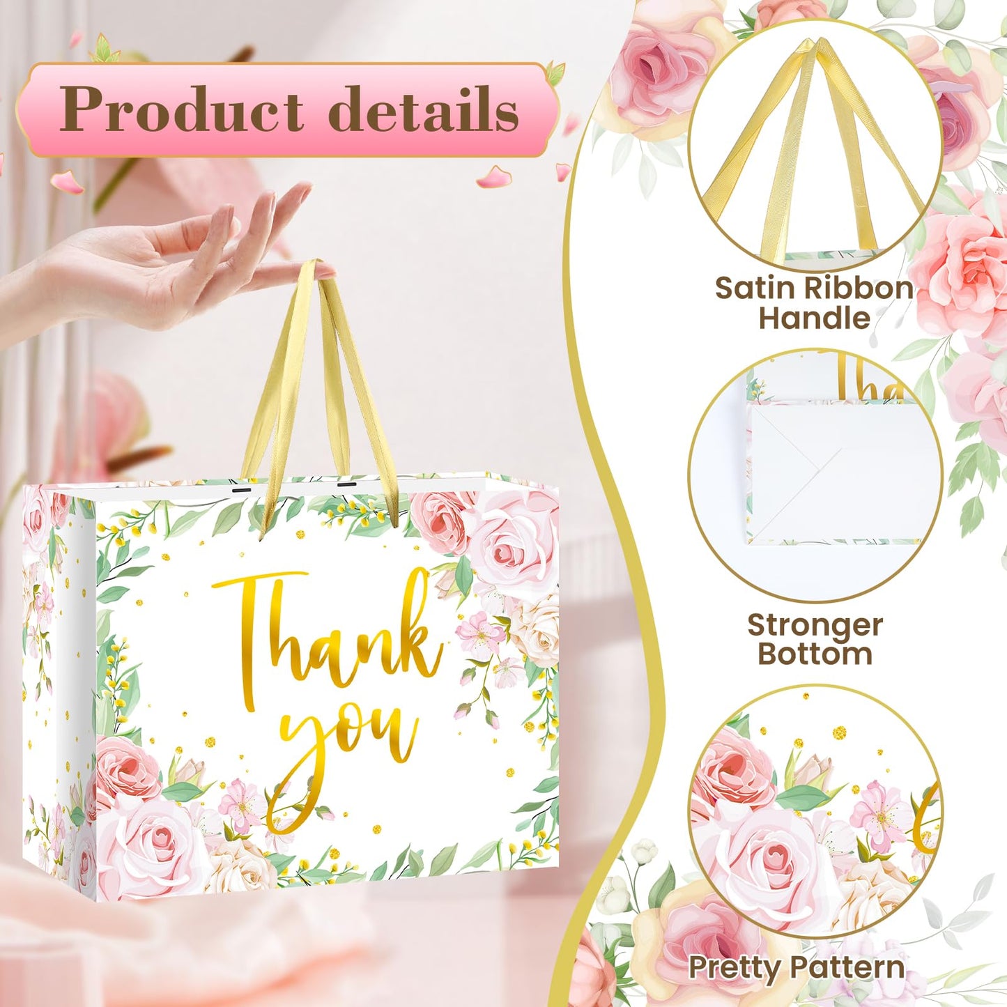 We Appreciate You Gift Bag Floral Thank You Gift Bag with Tissue Paper Greeting Card Appreciation Gifts Wrapping Paper with Handle for Business Retirement Wedding Teacher Birthday Party Supplies