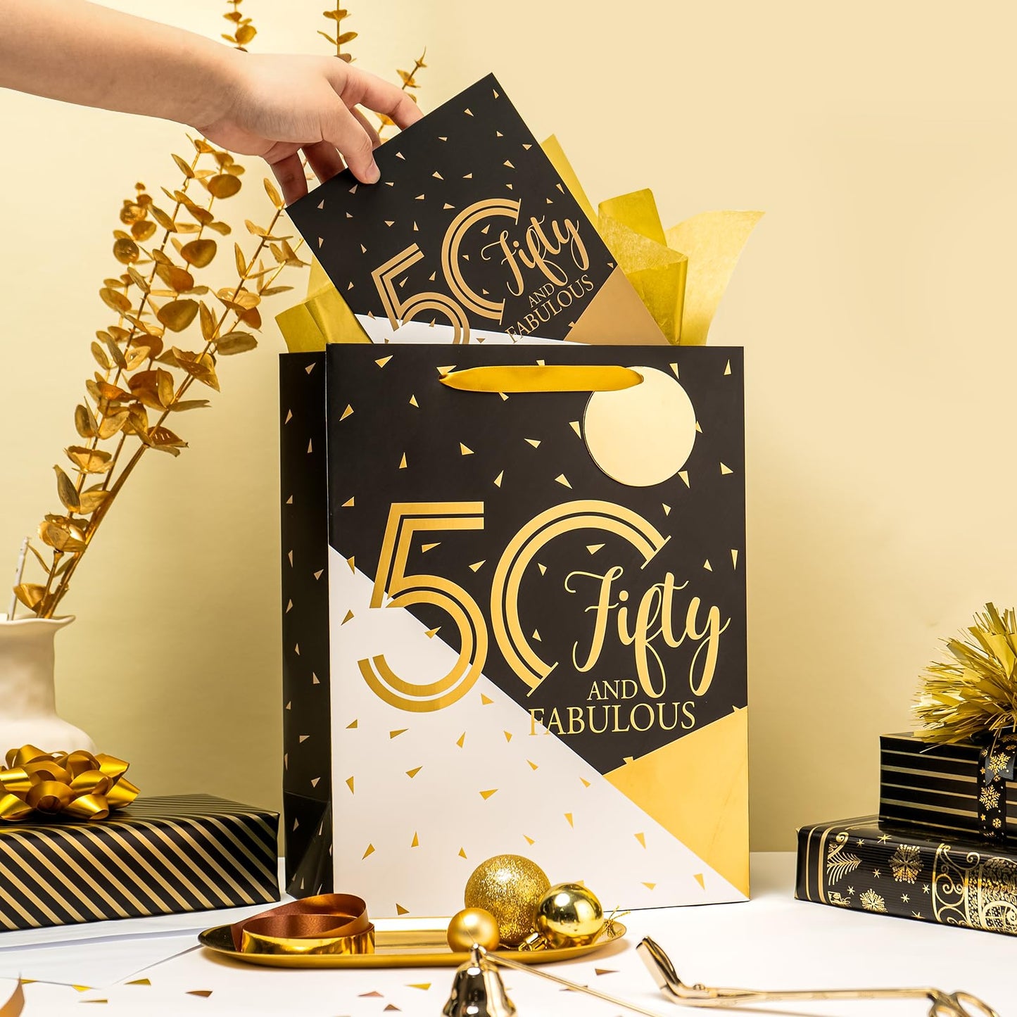 WRAPAHOLIC 13" Large 50th Birthday Gift Bag with Card and Tissue Paper - 50 Fifty and Fabulous